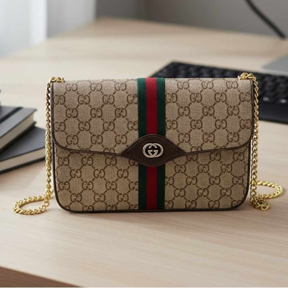🔥🔥Gucci Tan Monogram Clutch/Shoulder Bag/Crossed- body with Red and Green Stripe - Picture 3 of 16